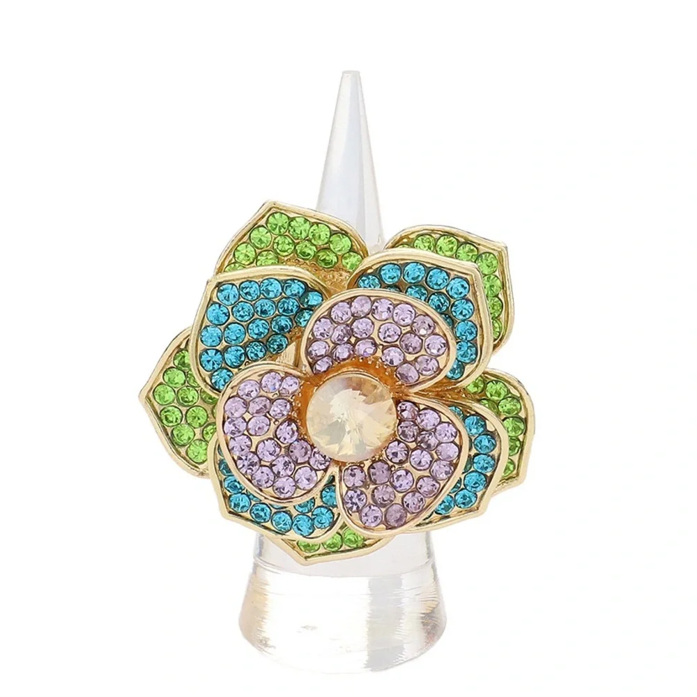 Round Stone Centered Rhinestone Paved Flower Stretch Ring - Picture 2 of 4